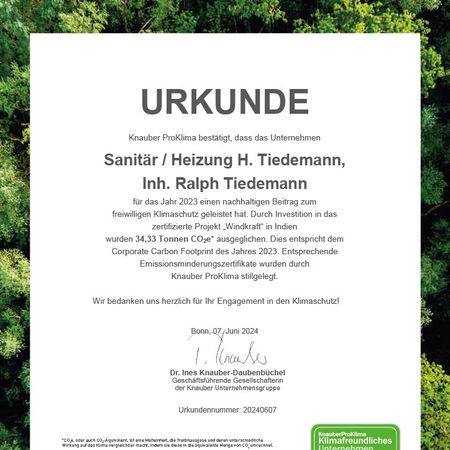 Knauber ProKlima Urkunde Sanitär-Heizung H. Tiedemann 2023
